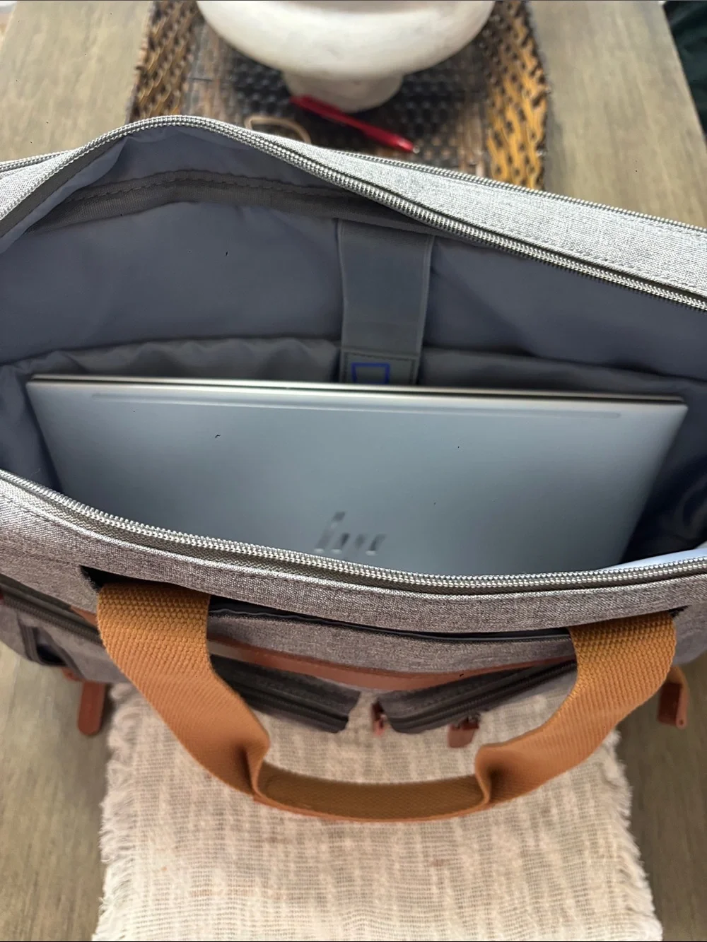 Gray Canvas Weekender Bag with Brown Accents
